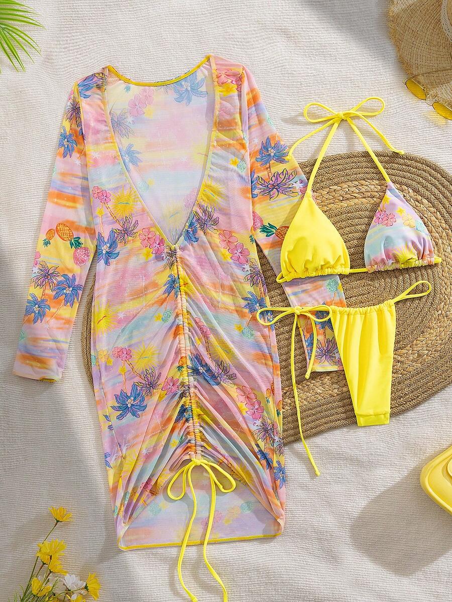 女士新款欧美撞色比基尼套装，可爱性感吊带沙滩度假泳装，夏季