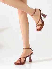 Elegant Platform High Heel Sandals For Women Summer Square Toe Chunky Heel,  Fashion Ankle Strap Brown Heels Soft Leather Comfortable Versatile High Heels, Increase Height & Leg Length, Solid Color Casual Comfortable Women Shoes For Party Wedding Date - 棕色 - 查看 2