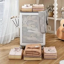 Laundry Basket With Wheels – White & Gray Plastic Hamper With Ventilated Sides For Clothes – Movable Storage Solution For Dorms, Bedrooms, And Bathrooms, Laundry Room Accessories, Laundry Baskets.