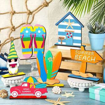 6 pièces Décorations de table d'été en bois Gnomes d'été, centres de table en bois pour maison de campagne, enseigne de gnome de plage pour décoration de plateau à étages