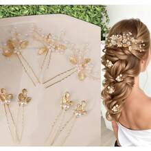 7pcs Gold Leaf Handmade Woven Faux Pearl Crystal Bridal Headpiece Hair Accessories Flower Hair Pin For Wedding Gown Valentine's Day Accessories - Gold - View 8