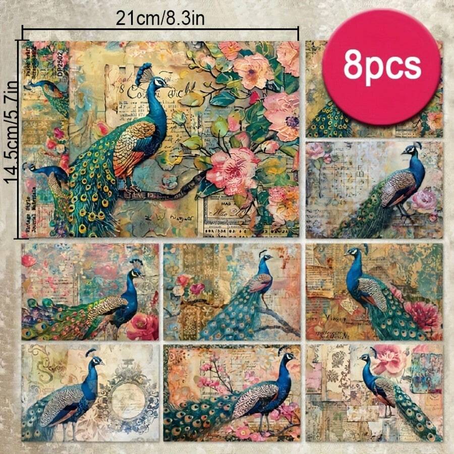 8 Stücke A5 Fantasy Pfau & Blumen Scrapbooking Papier Block, ästhetische einseitige Decoupage Bastelkarton für DIY Journaling, Album Kunst, Geschenkverpackung & dekorative Bastelarbeiten