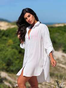 Plain Chemise Shirt Beach Cover-Up - White - View 3