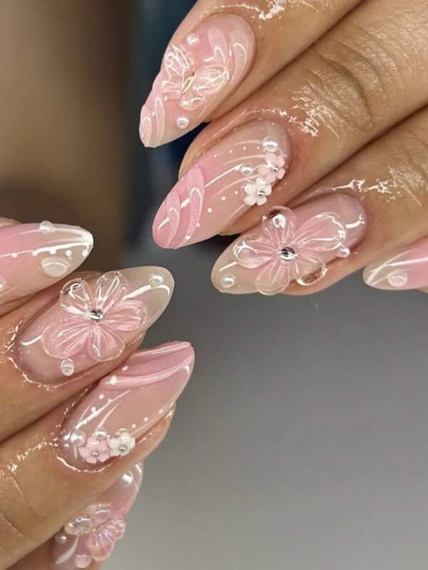 24pcs 3D Flowers Press On Nails Gradient Blush Pink Designs False Nails Aurora Butterfly Nails Art Almond Shape Short Fake Nails Manicure Set Includes 1sheet Adhesive Tabs & 1pc Mini File Perfect For Everyday Wvear
