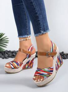 2024 New European Women Platform Wedge Sandals, Outdoor Versatile One-Strap Slides, Sexy Floral Print Beach Casual Slippers, Comfortable Open Toe Shoes, Green Floral Elevated Petite Shoes