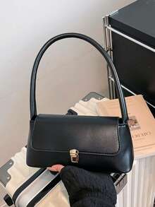 复古法棍形单肩包，纯色时尚，腋下包带翻盖，适合女性日常搭配 - 黑色 - 查看 9