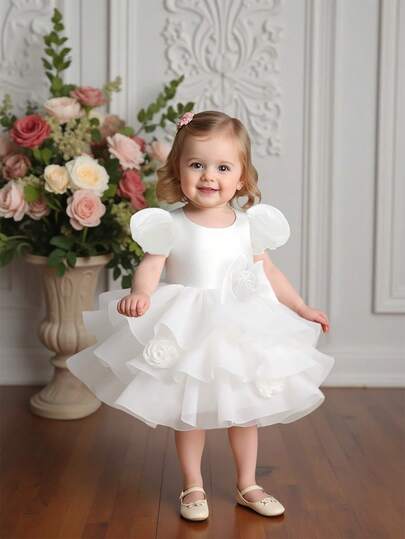 女婴泡泡袖碎花薄纱可爱生日派对连衣裙，适合婚礼花童，不含头饰