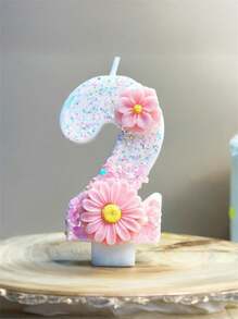 1 Pc Shiny Pink Number Candle With Floral Accents - Sparkling Birthday Cake Decoration For Party And Celebration, Long-Lasting Wax, Indoor Use, Suitable For Festive Gatherings And Birthdays