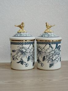 1 Set Luxury Enamel Storage Jars With Lids, Household & Office Tea/Coffee Canister, Ceramic Storage Jars, Gift For Elders And Relatives - Flowers and Birds - View 19