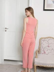 Conjunto de pijama para mujer, camiseta sin mangas y pantalones capri, ropa de dormir, conjunto de pijama de 2 piezas - Rosa - Ver 5
