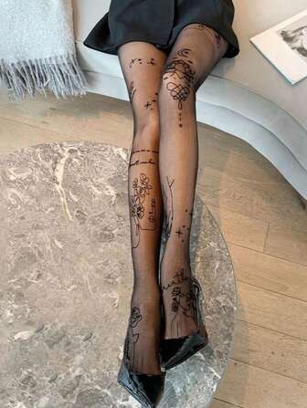 1 Pair Ultra-Thin Black Lotus Sexy Fashion Pantyhose, Suitable For Fashion-Conscious Wearers, Cozy
