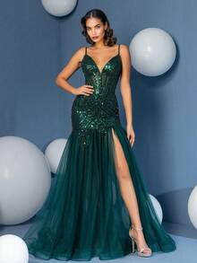 Vestido sirena de escote profundo en V con tirantes finos para fiesta de graduación, elegante vestido de noche formal para invitada de boda, cena o evento especial - Verde - Ver 9