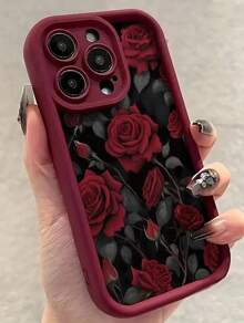 1pc Red Rose Pattern Silicone Matte Shockproof Full Cover Phone Case Compatible With IPhone 16/16E/15/14/13/12/11/Pro Max/X/Xs/Xr/Xs Max/7/8/7 Plus/8 Plus