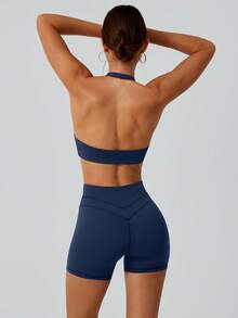 NcmRyu 1 Set Women's Fashion Elastic Sexy Backless Sports Bra And Shaping Leggings Workout Suit Summer - Màu xanh lam - Xem 2