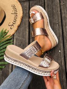 夏季优雅厚底凉鞋，布艺打结沙滩坡跟罗马凉鞋，铆钉装饰，波西米亚风露趾踝带透气舒适休闲优雅平底凉鞋，旅行必备 - 金色 - 查看 7