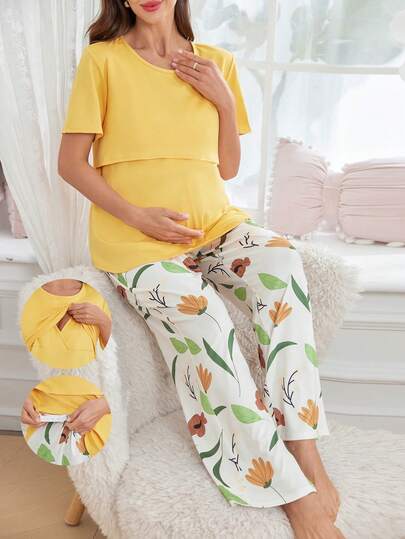 2pcs Maternity Nursing Set, Floral Print Pants And Solid Color Top, Maternity Loungewear