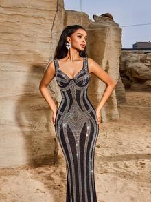 Semi-Sheer Elastic Mesh Body-Fitting Luxurious Rhinestone Embellished Party/Evening Gown Dress, Wedding Guest Dress, Formal Dress - Black - View 6
