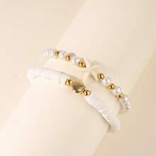 Set de 2 piezas de joyas pulseras de playa de verano para mujer con cuentas de arcilla polimérica blanca con forma de estrella de mar y concha, accesorios de atuendo de vacaciones, moda de surf