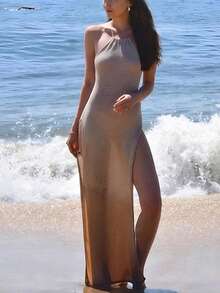 Yuwenier Sheer Knit Maxi Dress Halter Neck Backless High Slit Dress Knit Knit Summer Beach Cover Up Vacation Sundress Music Festival Outfit Elegant Evening Dress For Women - Khaki - View 4