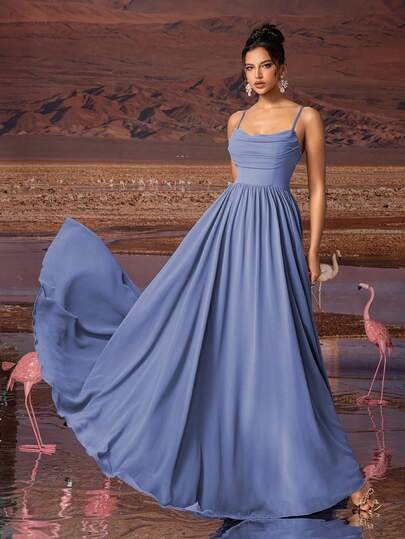 AOSHABABI Tops Misty Blue Solid Color Pleated Chiffon Elegant Sleeveless Women's Evening Gown, Suitable For All Formal Occasions, Gala Dinner, Wedding Guest, Music Festival, Holiday Party, Prom, Cocktail Party, Date, Vacation And Bridesmaid Dress, For Valentine's Day