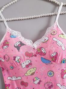 Sanrio 1 Stück Damen Rosa Sanrio Familie Süßer Digitaldruck, Transparentes Mesh & Rückenausschnitt, Rosa Pyjama, Süßes Nachthemd, V-Ausschnitt, Kontrastspitze, Seitenschlitz, Babydolls, Sexy Dessous, Sexy Dessous Kleid