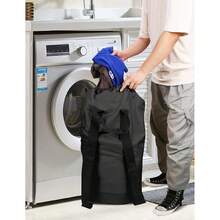 Mochila bolsa de lavandería, mochila de lavandería con correas de hombro y bolsillo de malla, bolsa de cesto de ropa duradera de nailon con cierre de cordón para la universidad, viajes, lavandería, apartamento - Negro - Ver 7