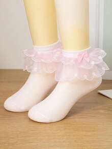 1 Pair Girls Solid Color Mesh Double-Layer Ruffle Dance Short Socks, Party & Dance - Pink - View 1