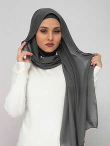 1set Women Classic Casual Instant Chiffon Hijab, Solid Scarf, Solid Color Soft & Breathable Modal Material, Versatile Neck Wrap/Head Scarf Combo, Suitable For Everyday Wear For Dress - Dark Grey - View 4