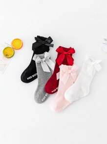 5 Pairs Simple Solid Stripe Kids Long Tube Socks, Non-Slip Ruffle Cuff Toddler Bow Mid-Calf Socks