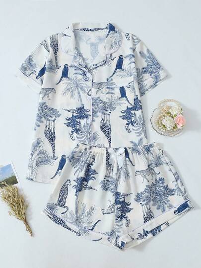 Conjunto de pijama de pantalón corto y manga corta con estampado de jirafa y mono para mujer