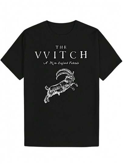 Camiseta gráfica para hombres "La Bruja" - Inspirada en el vintage Y2K, manga corta negra con diseño de cabra, ropa casual de verano, lavable a máquina