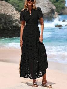 Women's Spring And Summer Maxi Dress Short Sleeve V Neck Hollow Out Eyelet A Line Long Flowy Wedding Guest Beach Vacation Black Dresses For Women - 黑色 - 查看 4