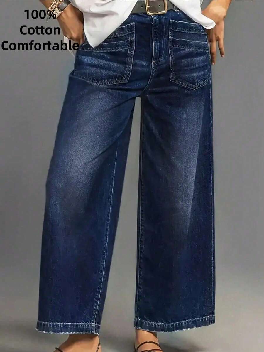 Women's Fashion Pocket Design Casual Retro Versatile Loose Wide-Leg Jeans