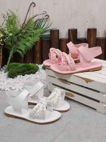新款珍珠绑带凉鞋，韩版休闲女鞋，沙滩度假平底拖鞋 - 粉色 - 查看 2