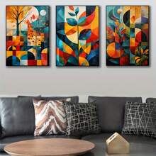 Three Vibrant Geometric Floral Abstract Canvas Art Pieces - Optional Frames, Spray Paint, Horizontal Wall Decorations Suitable For Living Rooms, Bedrooms, And Offices - Colorful Medieval Design, Office Art | Medieval Modern Decor - Multicolor - View 4