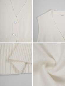 Chaleco sin mangas de punto, ajustado, de unicolor, con gran escote en V, con diseño de botones, en estilo sexy e inocente, de primavera, Día de San Valentín, para mujer, con estilo Y2K y de vuelta al colegio - Beis - Ver 11
