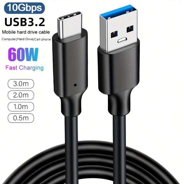 Cable USB3.2 de 10Gbps y 60W de USB Tipo A a USB C 3.1/3.2 Gen2 para transferencia de datos, compatible con SSD y disco duro, carga rápida de 3A 60W QC 3.0