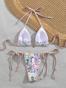Conjunto de bikini de estilo dividido con estampado, nuevo estilo europeo y americano, traje de baño sexy y lindo con cordones para vacaciones en la playa, verano