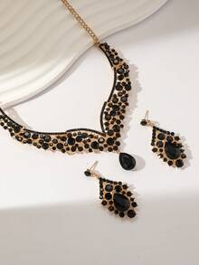 2pcs Vintage Exaggerated Necklace And Earring Set, Crystal Gemstone Short Choker Necklace For Women, Fashion Accessories, Black, Suitable For Halloween And Christmas Gifts - Black - View 3