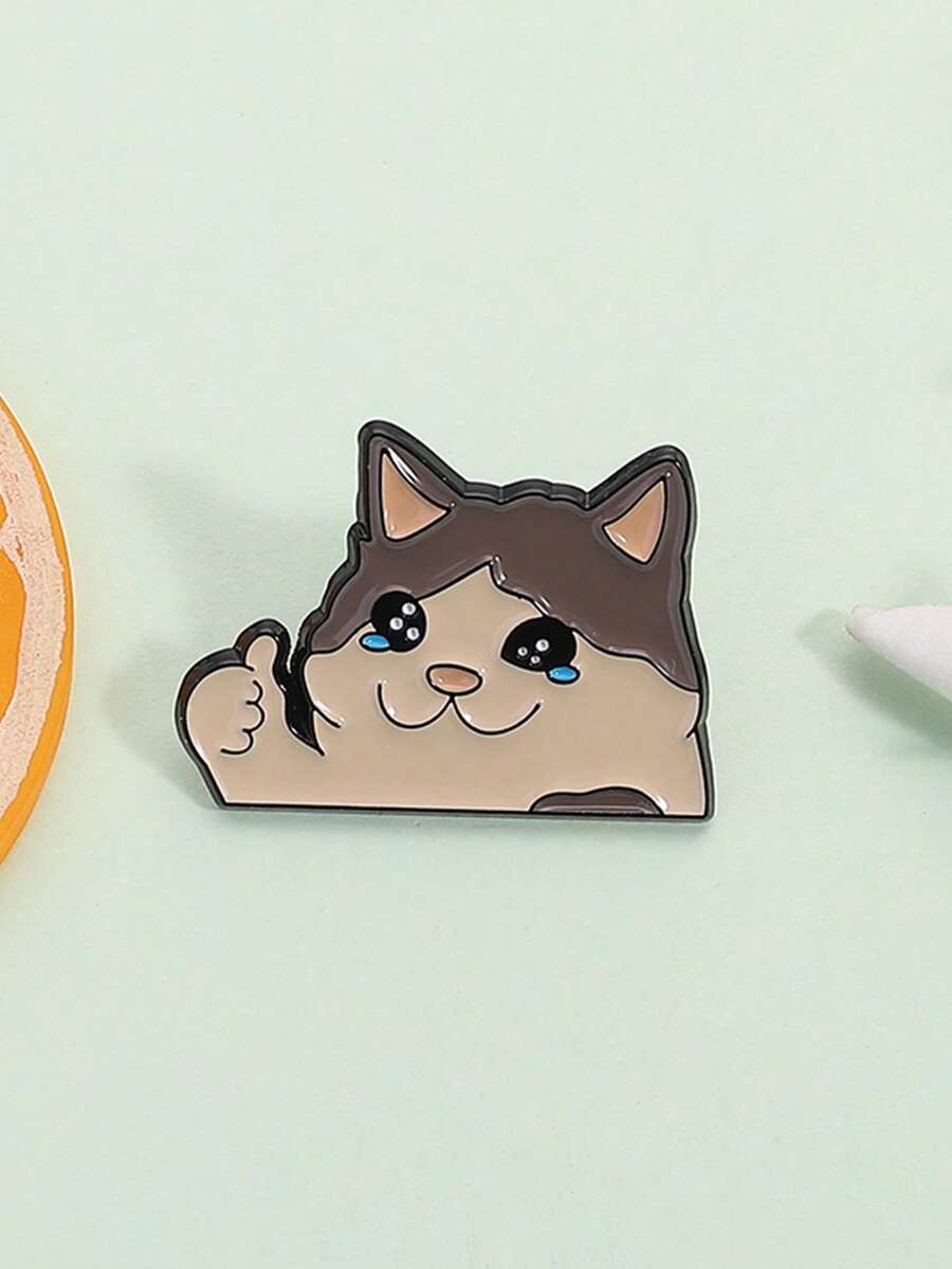 1pc Cartoon Strong Cat Thumbs Up Enamel Badge, Cute Sad Crying Cat Brooch, Backpack Lapel Pin Decor, Gift For Kids And Friends - Multicolor - View 1