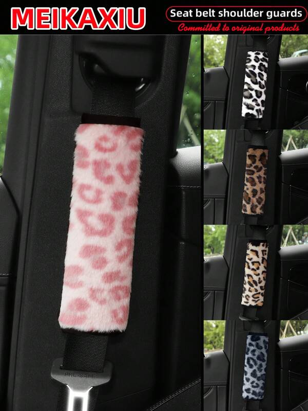 MEIKAXIU 1 Pair Faux Leopard Plush Car Seat Belt Covers, Soft & Delicate, Available In 5 Colors, Women's Accessory