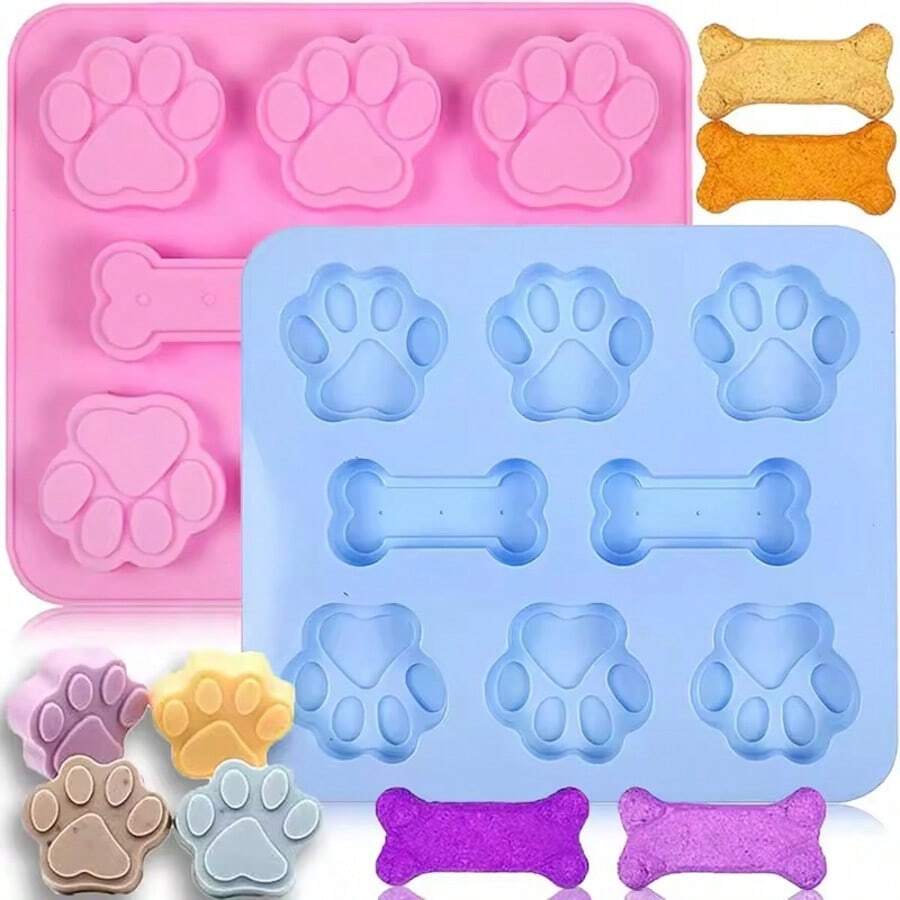 Silicone Molds With Puppy Dog Paw And Bone Shaped Reusable Non-Stick Ice Cube Trays & Flexible Candy Chocolate Molds For Homemade Dog Treats, Pudding, Jelly & Baking Biscuits - Multicolor - View 1