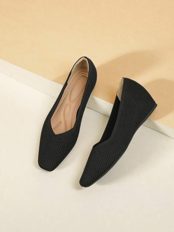 Women Square Toe Knitting Fabric Casual Invisible Height Increasing Platform Loafers, Suitable For Petite, Wear All Season