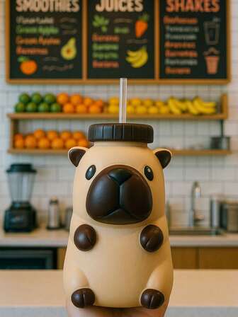 Capi botella de plástico para bebidas frías Capibara 1 pieza vaso infantil portátil diseño kawaii resistente con popote tapa segura libre BPA fácil limpiar ideal hidratación escolar y viaje