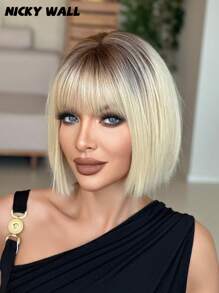 NICKY WALL Short Straight Blonde Bob Wig-12 Inch Elegant Wig With Bangs Dark Roots - Heat-Resistant Synthetic Fiber Wigs For Parties, Mother's Day - Easy Care For All Occasions(1Pc Hairnet For Free)