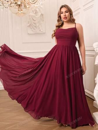 Plus Size AOSHABABI Burgundy Pleated Chiffon Elegant Women Evening Dress, Suitable For All Formal Occasions, Galas, Wedding Guests, Music Festivals, Holiday Parties, Graduation Dances, Cocktail Parties, Dates, Vacations And Bridesmaid Dresses, Party Dress, Gown