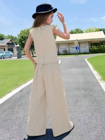 Tween Girl Fashion Unique High-End Design Sleeveless Linen Pants Set, Summer New Casual Comfortable Wide-Leg Pants 2 Pieces Suit, Chic & Solid Color