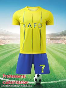 [Custom-Made] Personalized Name 2-Piece Set 2025 Riyadh Victory Same Style #7 Youth Boys' Football Jersey Set - Quick-Dry Breathable Polyester, Crew Neck Top And Shorts, Suitable For Boys Sports Training And Casual Wear, Outdoor Perfect Choice,Multi-Functional,Ornamental,Letter,Stylish,Modern,Colorful,Cute,Adorable,Casual,Custom,Personalised,Unique,Customized,Ideal Gifts For Him,Ideal Gifts For Her