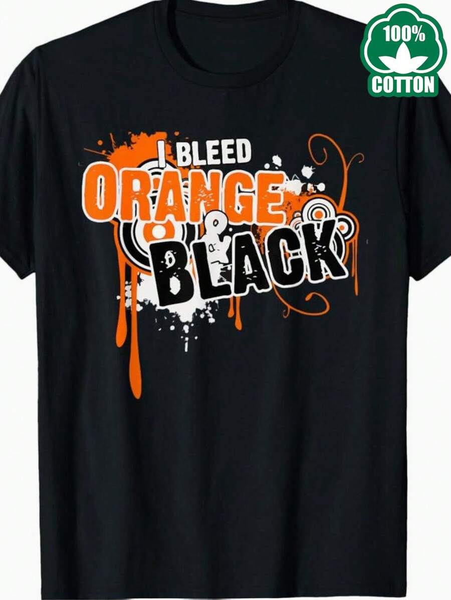 new style casual men's short sleeve T-shirt summer high quality breathable round neck machine washable printed top in black black shirt orange black text Suitable for sports and daily casual wear - Negro - Ver 1