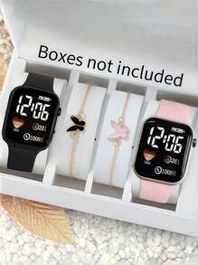4pcs/Set 2pcs Cartoon Heart Square Digital Watch And 2pcs Butterfly Bracelet Valentine's Day Gift Christmas Gift Graduation Gift Couple Gift Couple Watch Bracelet The Best Choice For Halloween, Christmas, Valentine's Day, Mother's Day, Holiday Gift